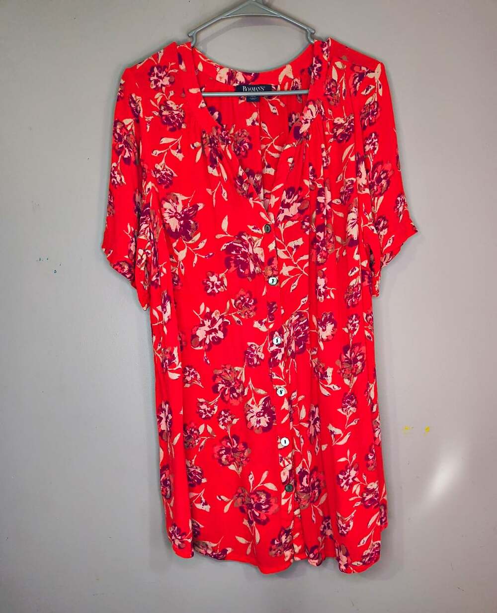 Roaman's Women's Orange peach Floral V-Neck Button Front Blouse Short Sleeve 22W